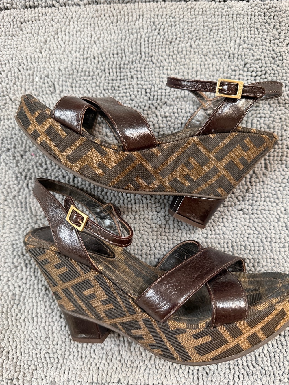Fendi Brown Logo Canvas and Dark Brown Leather Wedge Sandals size 36 1/2 6 1/2